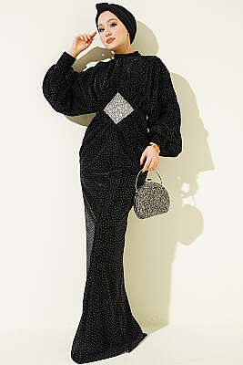 Taş Süslemeli Bel Taş Büzgülü Abiye Siyah - CNR TEKSTİL