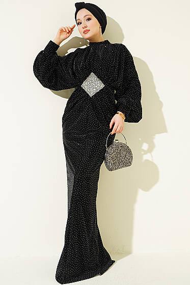 Taş Süslemeli Bel Taş Büzgülü Abiye Siyah - Elbise