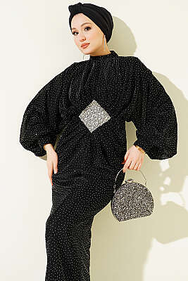 Taş Süslemeli Bel Taş Büzgülü Abiye Siyah - Elbise