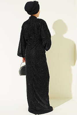 Taş Süslemeli Bel Taş Büzgülü Abiye Siyah - Elbise