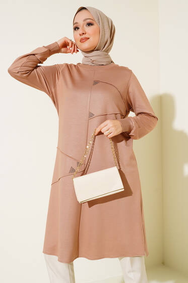 Taş Süslemeli Büyük Beden Uzun Tunik Bej - Tunik