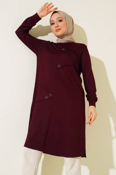 Taş Süslemeli Büyük Beden Uzun Tunik Bordo - Tunik