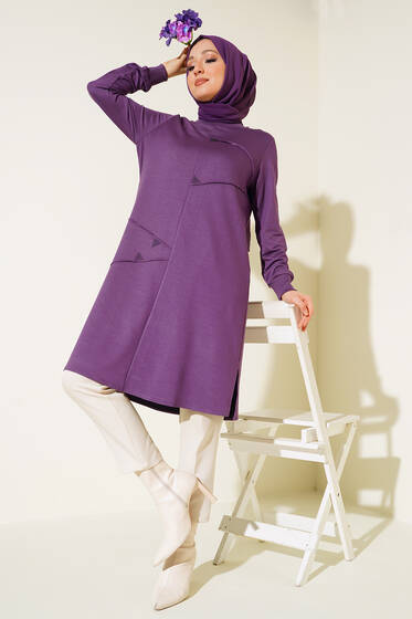 Taş Süslemeli Büyük Beden Uzun Tunik Lila - Tunik