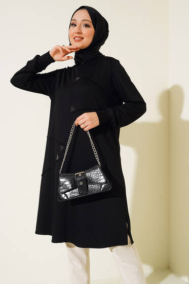 Taş Süslemeli Büyük Beden Uzun Tunik Siyah - Tunik