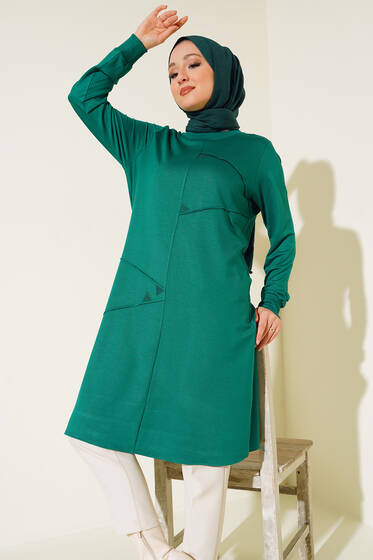 Taş Süslemeli Büyük Beden Uzun Tunik Yeşil - Tunik