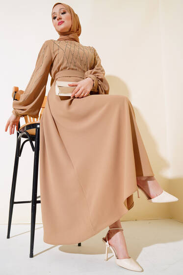 Taş Süslemeli Elbise Latte - Tesettür Elbise