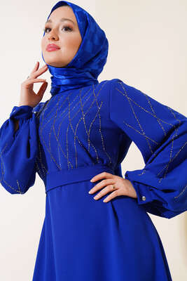 Taş Süslemeli Elbise Saks - Elbise