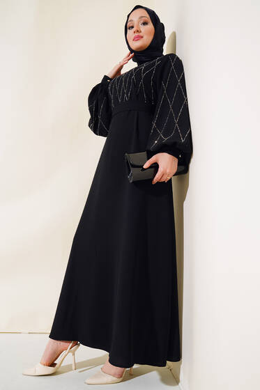Taş Süslemeli Elbise Siyah - Tesettür Elbise
