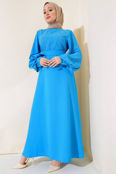Taş Süslemeli Elbise Turkuaz - Tesettür Elbise