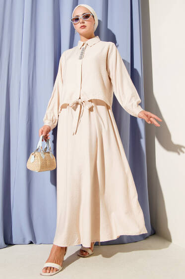 Taş Süslemeli Etekli İkili Takım Bej - İkili Takım