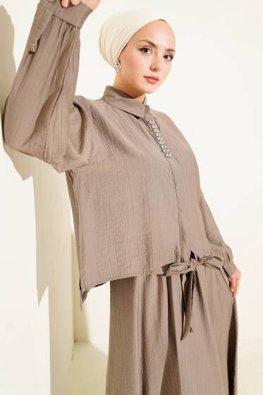 Taş Süslemeli Etekli İkili Takım Vizon - İkili Takım