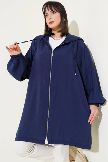 Taş Süslemeli Fermuarlı Hırka Lacivert - Hırka