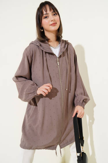 Taş Süslemeli Fermuarlı Hırka Vizon - Hırka