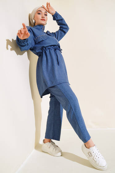 Taş Süslemeli Fermuarlı Keten İkili Takım İndigo - İkili Takım