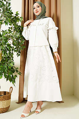 Taş Süslemeli Fırfırlı Brodeli Etekli İkili Takım Ekru - AFRA