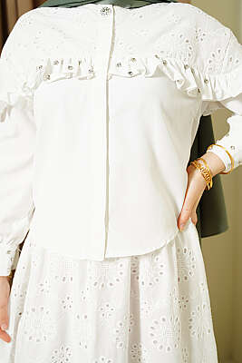 Taş Süslemeli Fırfırlı Brodeli Etekli İkili Takım Ekru - İkili Takım