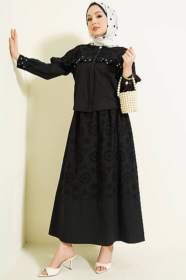 Taş Süslemeli Fırfırlı Brodeli Etekli İkili Takım Siyah - İkili Takım