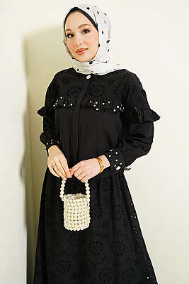 Taş Süslemeli Fırfırlı Brodeli Etekli İkili Takım Siyah - İkili Takım