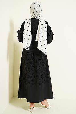 Taş Süslemeli Fırfırlı Brodeli Etekli İkili Takım Siyah - İkili Takım