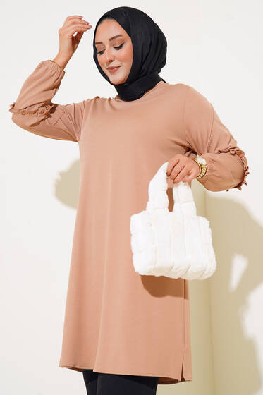 Taş Süslemeli Fırfırlı Büyük Beden Tunik Bej - Tunik