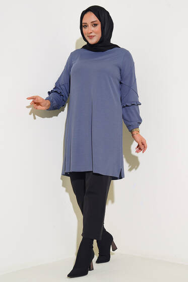 Taş Süslemeli Fırfırlı Büyük Beden Tunik Gri - Tunik