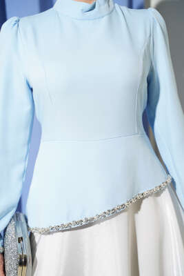 Taş Süslemeli Garnili Abiye Elbise Bebe Mavi - Elbise