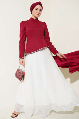 Taş Süslemeli Garnili Abiye Elbise Bordo 