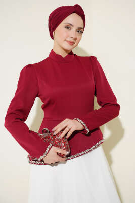 Taş Süslemeli Garnili Abiye Elbise Bordo - Elbise