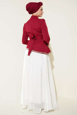 Taş Süslemeli Garnili Abiye Elbise Bordo - Elbise