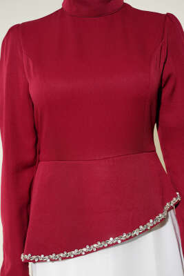 Taş Süslemeli Garnili Abiye Elbise Bordo - Elbise