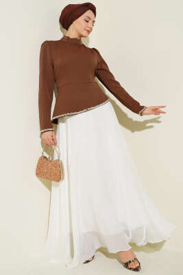 Taş Süslemeli Garnili Abiye Elbise Kahve 