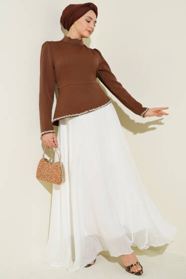 Taş Süslemeli Garnili Abiye Elbise Kahve - Elbise