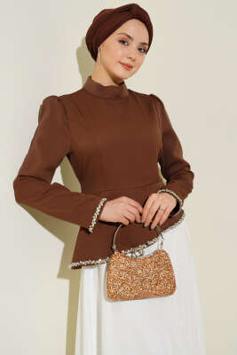 Taş Süslemeli Garnili Abiye Elbise Kahve - Elbise