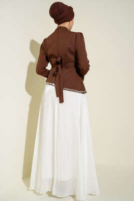 Taş Süslemeli Garnili Abiye Elbise Kahve - Elbise