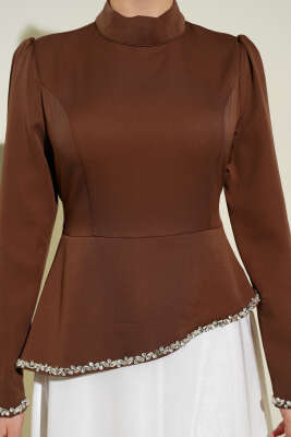 Taş Süslemeli Garnili Abiye Elbise Kahve - Elbise