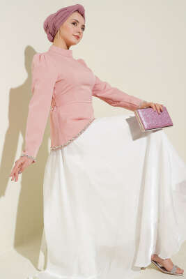 Taş Süslemeli Garnili Abiye Elbise Pudra - BERAT TEKSTİL