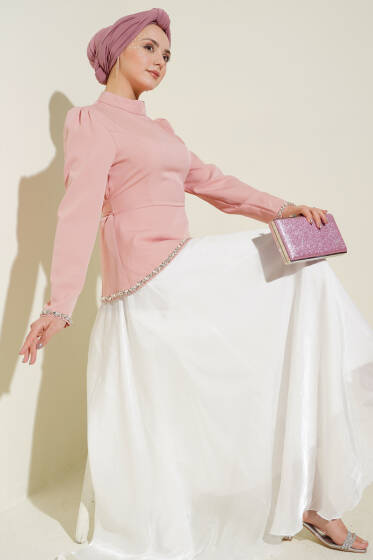 Taş Süslemeli Garnili Abiye Elbise Pudra - Elbise
