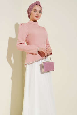 Taş Süslemeli Garnili Abiye Elbise Pudra - Elbise