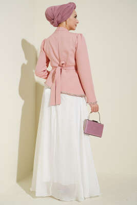 Taş Süslemeli Garnili Abiye Elbise Pudra - Elbise