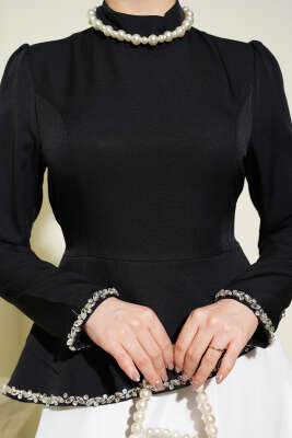 Taş Süslemeli Garnili Abiye Elbise Siyah - Elbise