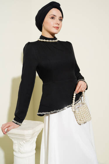 Taş Süslemeli Garnili Abiye Elbise Siyah - Elbise