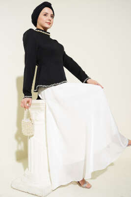 Taş Süslemeli Garnili Abiye Elbise Siyah - Elbise