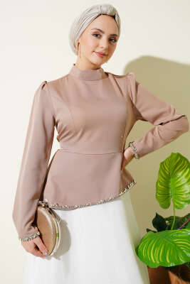 Taş Süslemeli Garnili Abiye Elbise Vizon - BERAT TEKSTİL