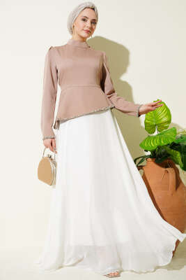 Taş Süslemeli Garnili Abiye Elbise Vizon - Elbise