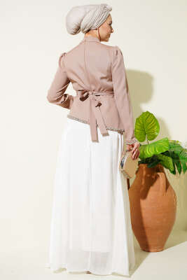 Taş Süslemeli Garnili Abiye Elbise Vizon - Elbise