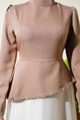 Taş Süslemeli Garnili Abiye Elbise Vizon - Elbise