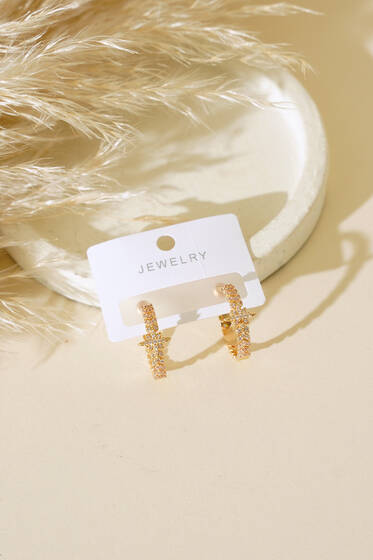 Taş Süslemeli Halka Küpe Gold - Küpe