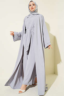 Taş Süslemeli İkili Abaya Gri - EFSUN MODA