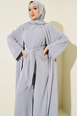 Taş Süslemeli İkili Abaya Gri - Elbise