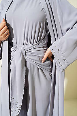 Taş Süslemeli İkili Abaya Gri - Elbise